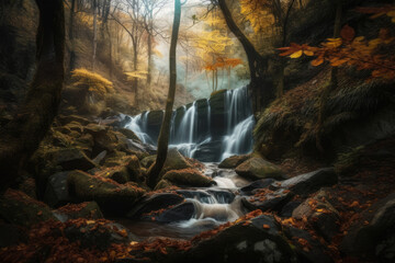 Enchanting waterfall in a mystical forest with vibrant autumn leaves, generative ai