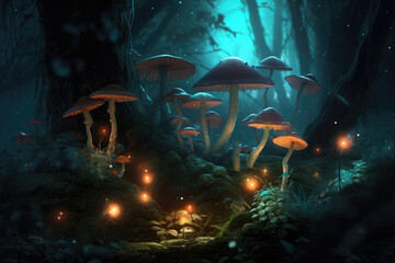 Fototapeta na wymiar Glowing Forest Magical Mushrooms and Mystery, generative ai