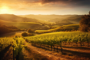 Naklejka premium Golden Hour at the Vineyard Serene View of Rolling Hills and Lush Grapevines, generative ai