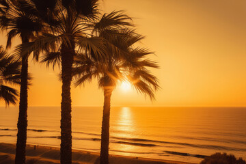 Golden Hour on the Seaside with Majestic Palm Trees, generative ai