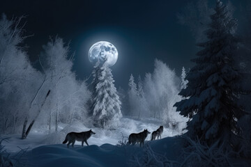Howling in the Winter Night Snowy Forest with a Pack of Wolves under the Full Moon, generative ai