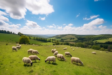 Fototapeta na wymiar Idyllic countryside landscape with a herd of grazing sheep on a lush green pasture under a vibrant blue sky, generative ai