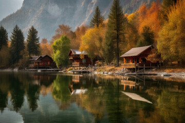 Fototapeta premium Idyllic Cabins by the Lake with a Peaceful Backdrop, generative ai