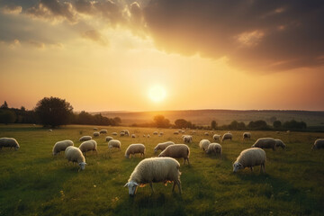 Idyllic countryside with a flock of sheep grazing on a lush green meadow as the sun sets in the horizon, generative ai