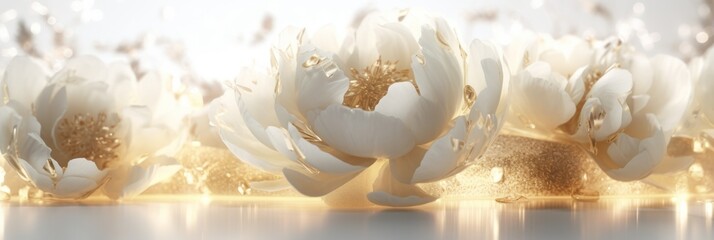 Golden floral background with blurred golden lights sprinkles, bokeh. White and shiny gold elegant peonies. Ai image. Floral border, greeting card, card for wedding, birthday, an invitation banner.