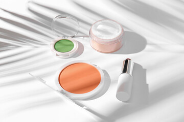 Set of decorative cosmetics with palm leaf shadow on light background