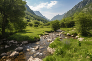 Fototapeta na wymiar Idyllic Valley with a Clear Stream Running through the Verdant Landscape, generative ai