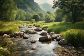 Naklejka na ściany i meble Idyllic Valley with a Clear Stream Running through the Verdant Landscape, generative ai
