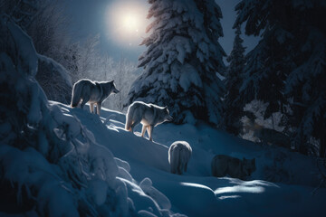 In the Shadow of the Moon Snowy Forest with a Pack of Wolves Bathed in Moonlight, generative ai