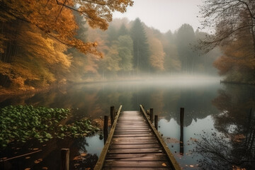 Magical Retreat misty forest with a hidden lake surrounded by colorful autumn trees and a wooden dock, generative ai