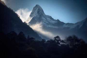 Fototapeta na wymiar Magical mountain peak enveloped in a mystical mist, bathed in the early morning light, generative ai