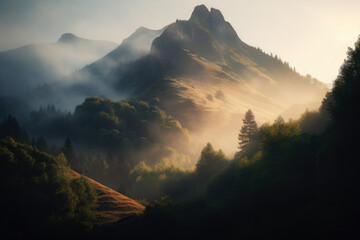 Magical mountain peak enveloped in a mystical mist, bathed in the early morning light, generative ai