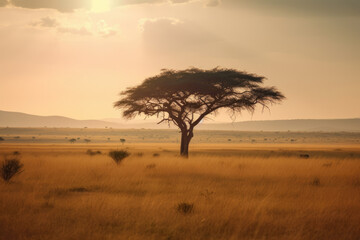 Fototapeta na wymiar Majestic Acacia Tree with a View of a Rolling African Savannah, generative ai