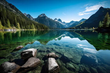 Majestic Serenity Lake Reflecting the Towering Mountains and a Clear Blue Sky, generative ai