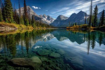 Fototapeta na wymiar Majestic Serenity Lake Reflecting the Towering Mountains and a Clear Blue Sky, generative ai