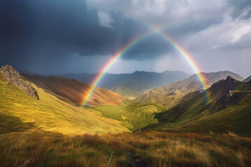 Fototapeta na wymiar Majestic Valley with a Double Rainbow in the Sky, generative ai