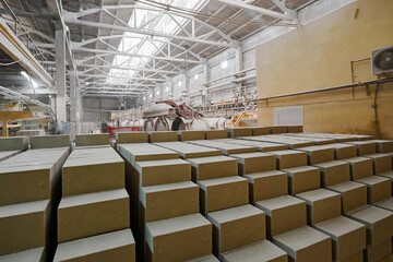 Pack of raw bricks prepared in manufacturing plant workshop