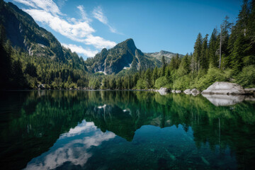 Fototapeta na wymiar Mirror Lake Serene Body of Water Reflecting Towering Mountains, generative ai