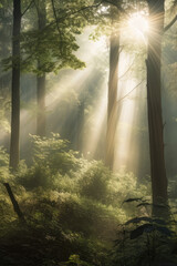 Misty forest with shafts of sunlight piercing through the canopy, generative ai