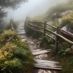 Misty Mountain Pathway with a Wooden Bridge, generative ai