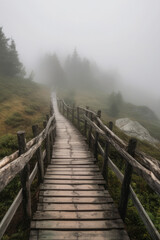 Misty Mountain Pathway with a Wooden Bridge, generative ai