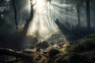 Mysterious forest enveloped in mist with sunlight piercing through trees, generative ai