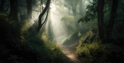 mystical and foggy forest with dappled sunlight peeking through the trees, generative ai
