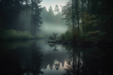 Mystic Reflection serene hidden lake in a foggy forest with a perfect reflection of the surrounding trees, generative ai