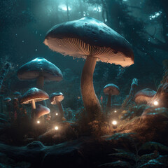 Fototapeta na wymiar Mystical Forest Illuminated Mushrooms and Trees, generative ai