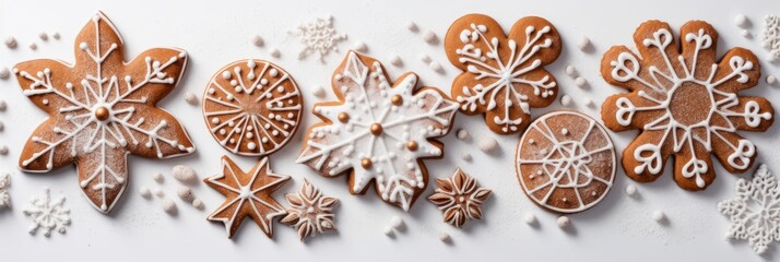 Christmas gingerbread cookies in shape of snowflakes and stars, with white icing sugar.  Background banner, frame. Ai image - obrazy, fototapety, plakaty