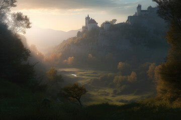 Mystical valley with a castle in the distance, generative ai