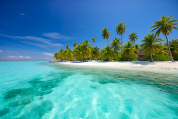 Fototapeta na wymiar Paradise Island with Palm Trees and Crystal Clear Waters, generative ai