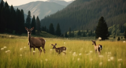 Peaceful Mountain Meadow with a Doe and Fawn Grazing, generative ai