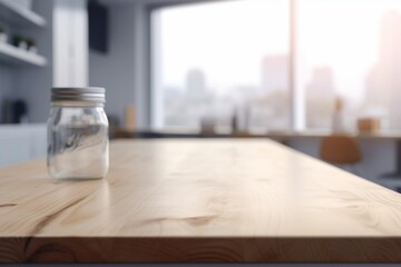 Empty Wooden Table with Blurred Interior Background Created with Generative AI