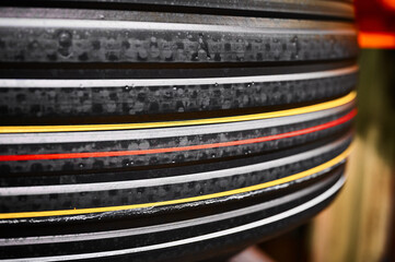 New tire with color marking in workshop