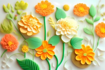 wallpaper with 3D flower crafts. Bright backdrop with orange, pink, green, and yellow flowers. children's room wall decor