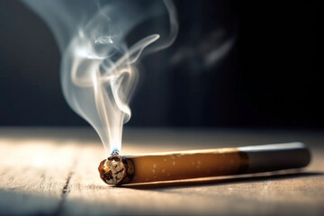 Smoking cigarette, cigarette burning and tobacco smoke, dark background. copy space. World no tobacco day.