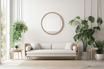 Scandinavian-inspired living room with white sofa, green houseplants, and mockup frame on wall. Perfect for showcasing artwork. AI Generative. Generative AI