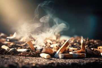 A pile of extinguished and crumpled cigarettes, cigarette burning and tobacco smoke, dark background, World No Tobacco Day