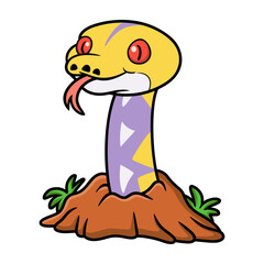 Cute lavender reticulated python cartoon out from hole