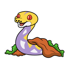 Cute lavender reticulated python cartoon out from hole