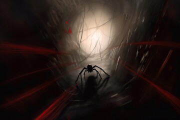 A spider spinning a delicate web between two beams, its body illuminated by a shaft of sunlight, Generative AI