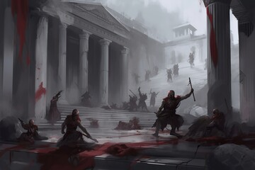 Group of warriors engaged in a fierce battle on the steps of an ancient Greek temple, with columns and marble statues crumbling around them, Generative AI