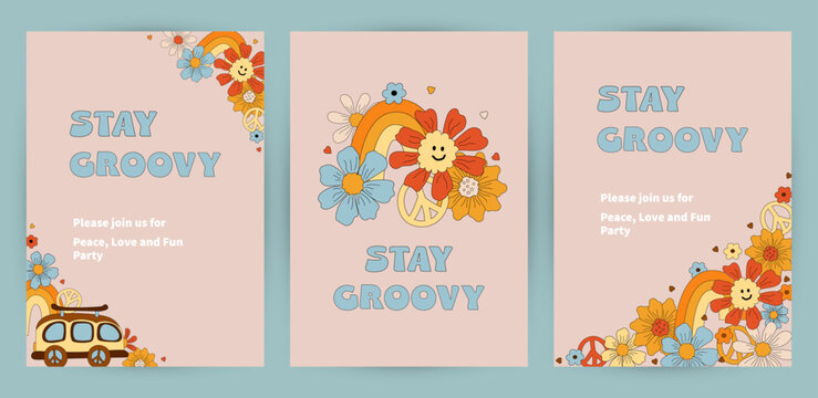 Templates with daisy flowers, retro car and rainbow for groovy party, birthday invitation, flyer, retro poster. Space for text. Vector illustration set.