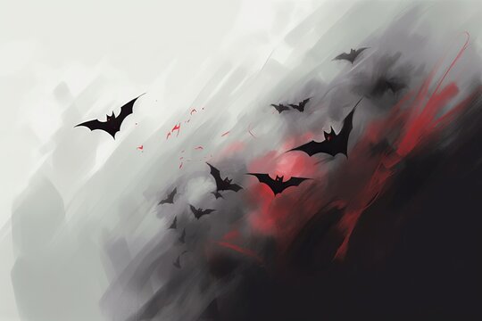 A group of bats swooping and diving through the air, their wings making a soft whooshing sound, Generative AI