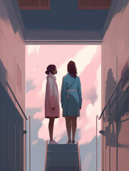 Two Women, Couple Waiting for and Elevator at the top of a Stairwell Romantic Tight Spaces Minimal Pink and Blue Painting Generative AI