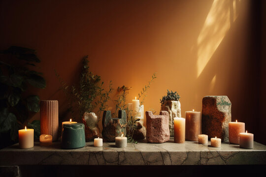 Candles Altar Stones Window Light Shadow Wall Green Orange Gold Room Natural Moody Soft Generative AI