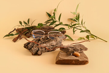 Stylish sunglasses with tree barks and plant branch on beige background