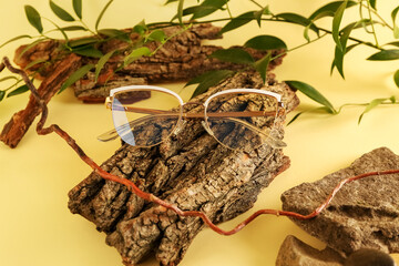 Stylish sunglasses with tree barks and plant branch on yellow background