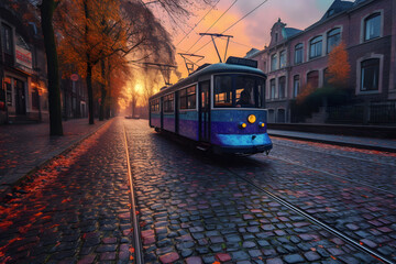 Fototapeta na wymiar Retro tram in european city. Neural network AI generated art